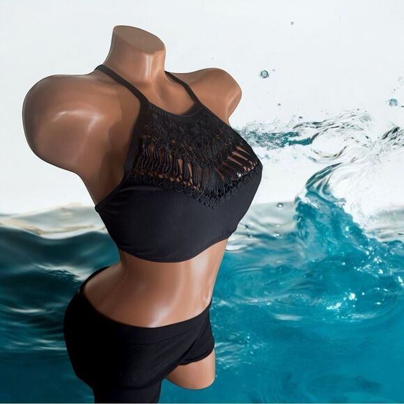 Jantzen Black Crochet Halter Bikini Top l Tie Back l XS l EUC - Picture 9 of 13
